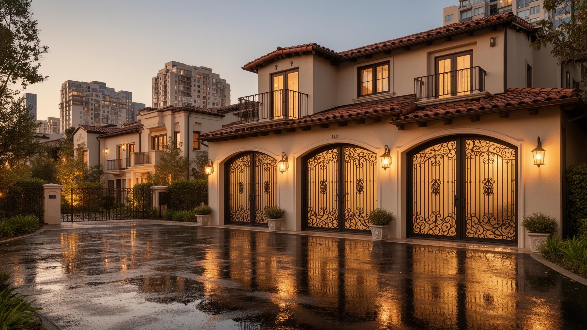 Luxury Spanish colonial style garage doors with decorative iron grilles on upscale townhouse