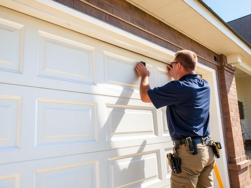 Professional garage door installer mounting new panel with quality workmanship